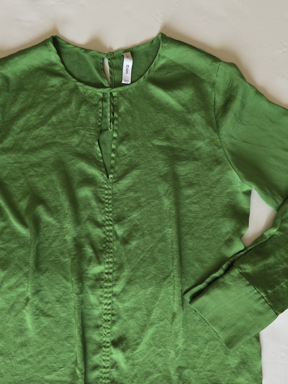 Mango Lime Green Satin Keyhole Blouse Quiet Luxury Minimalist Office Chic Top - Picture 4 of 8
